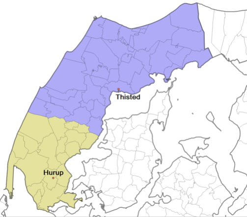 Billedet viser lægedækningsområder i Thisted kommune.