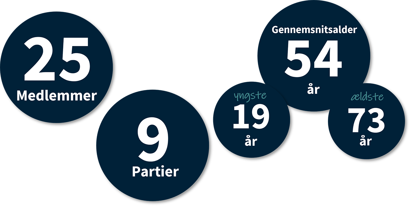 25 medlemmer, 9 partier