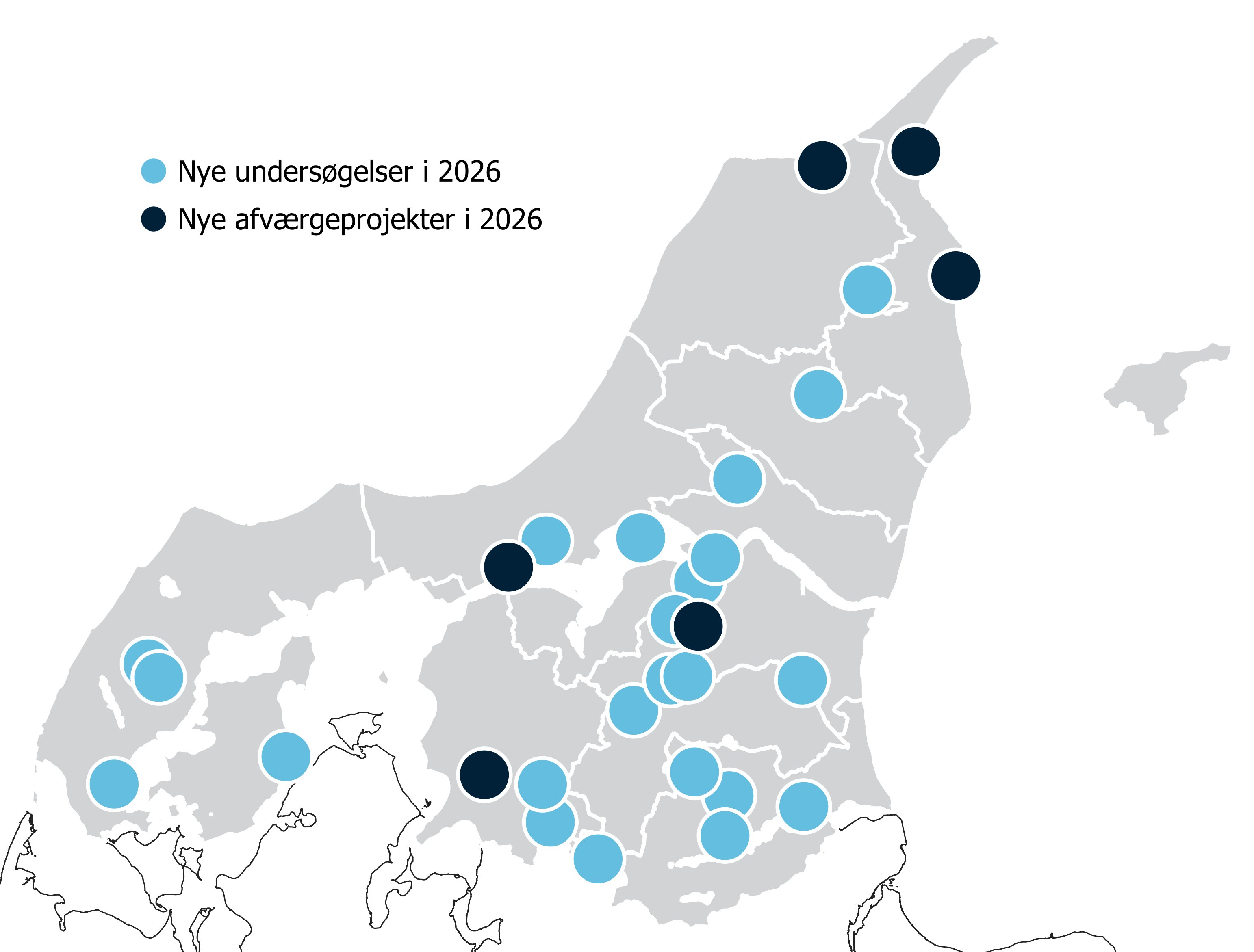 Indsatsplan 2026 for jordforurening. Illustration af nye afværgeprojekter og forureningsundersøgelser i 2026.