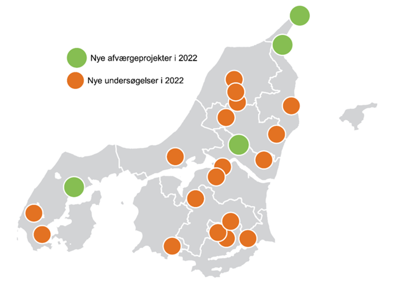 Oversigt over undersøgelser og afværgeprojekter i Indsatsplan 2022 for Jordforurening